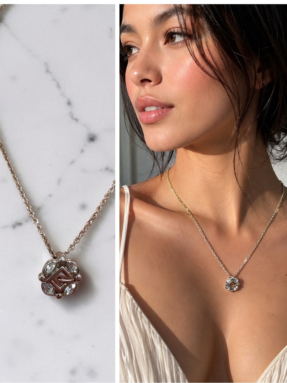 Vintage Givenchy Paris New York Rhinestone Logo Pendant Chain Necklace⁠